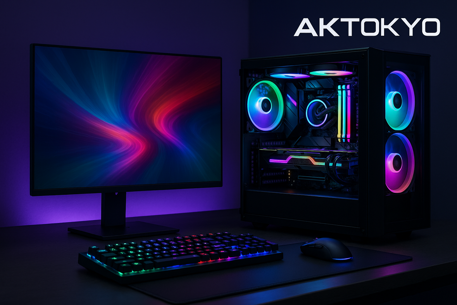 Building gamming computer with logo AKTokyo on the top right 